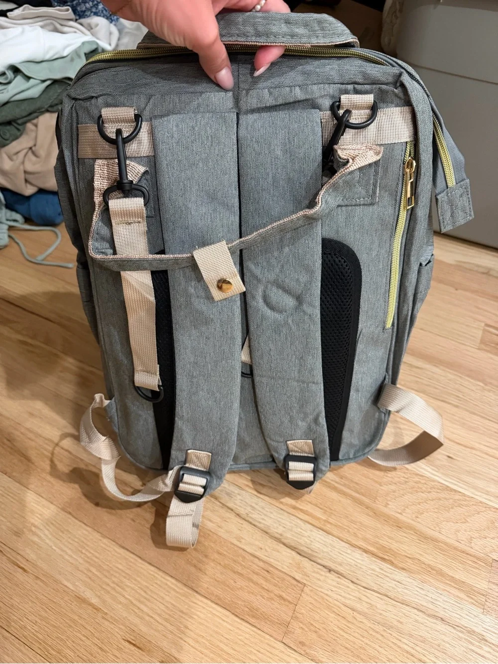 Gray Baby Diaper Backpack with Gold Zipper Accents